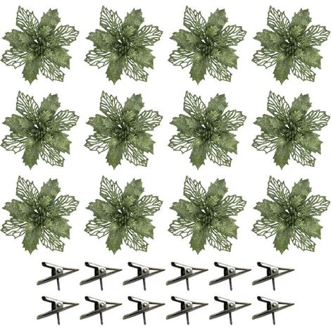 Jeffergarden (Vert) Ornement de sapin de Noël octogonal en forme de fleur, ajouré et pailleté, 16 cm, en plastique et poudre dorée. (1/5)