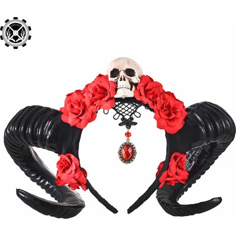 Halloween-Haarreif mit dunkler Spitze, Dämonen-/Schafshorn-Schleier-Haaraccessoire, Totenkopf, rote Blume, Schafshorn-Haarreif (1/5)