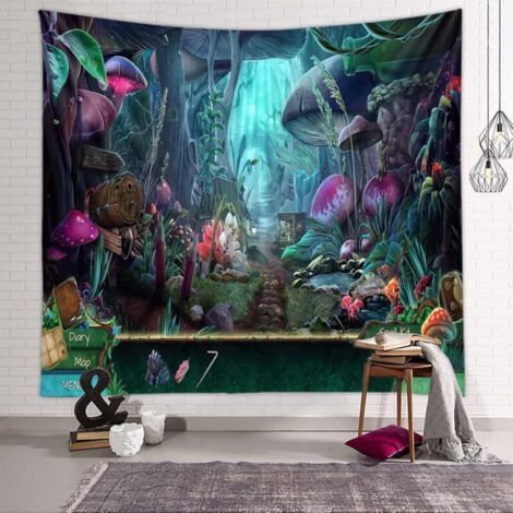 BUNTHAUS Tenture Murale Forêt Jardin - Tapisserie Hippie Psychédélique avec Plantes et Champignons, Décoration Murale Abstraite pour Salon et Chambre
