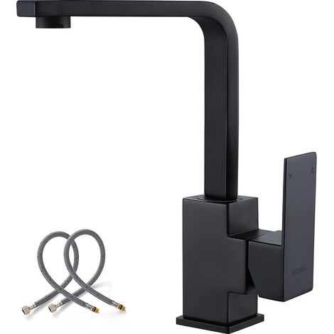 Grifo monomando negro de un solo orificio para lavabo, con una sola manija y tubería de suministro, moderno, universal, de arco alto - OTRO (1/4)