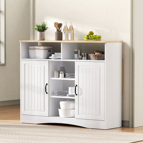 Îlot de cuisine blanc avec roulettes table extensible avec tabourets grand espace de rangement buffet cuisine multifonction (1/5)