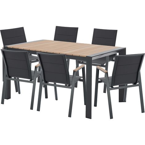 Sala da pranzo da giardino in alluminio: un tavolo L.150 cm e 6 poltrone impilabili Naturale chiaro e antracite - LIOUS di MYLIA
