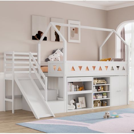 Cama infantil multifunción con tobogán, escalera, cajones y almacenaje 90x200 blanca (1/5)