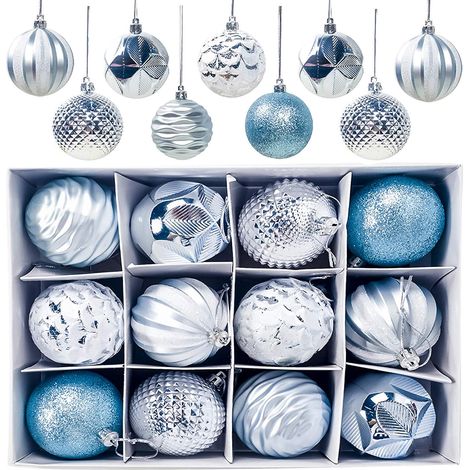 Christmas Balls, 12 Pieces Christmas Tree Balls Baubles, Christmas Tree Decorations Matte and Shiny Glittering Christmas Tree Balls (Blue) (1/5)