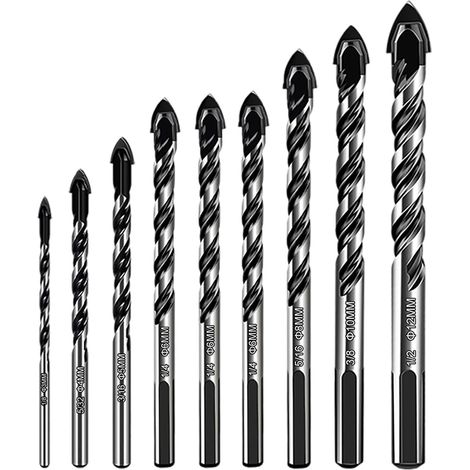 Juego de 9 brocas, en diversos materiales, con diámetros de 3/4/5/6/6/8/10/12 mm, adecuadas para realizar agujeros en materiales como baldosas cerámicas, cerámicas, ladrillos.