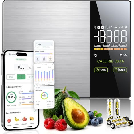 Balance alimentaire intelligente avec calculateur nutritionnel avec suivi de 23 nutriments et affichage LED, synchronisation Bluetooth vers l'application, acier inoxydable, capacité de 5 kg