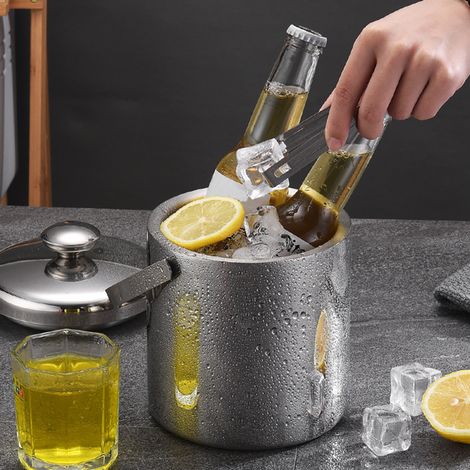 Seau à glace en acier inoxydable 1,3L avec couvercle et passoire, double paroi pour cubes de glace (1/5)