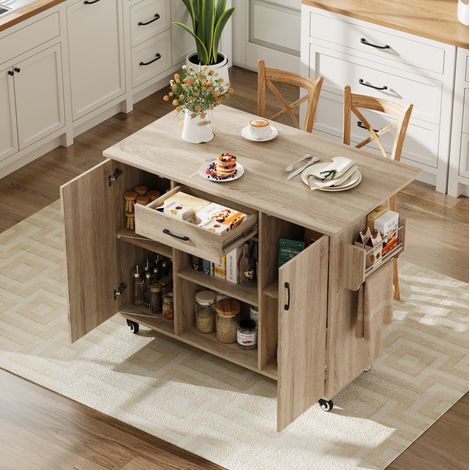 MEUBLIV Isla de cocina 120 cm natural con encimera abatible y ruedas (1/5)