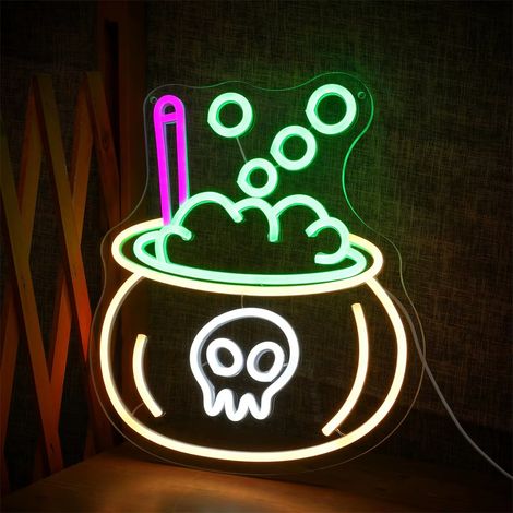 Bouteille magique néon sorcière sorcellerie amusante LED lumière potion lampe Halloween crâne pour fête d'Halloween décoration murale 36x37cm (1/5)