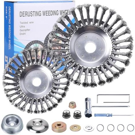 Lot de 2 brosses anti-mauvaises herbes professionnelles pour débroussailleuse, brosse métallique, accessoire pour débroussailleuse, désherbage efficace (8 pouces + 6 pouces) (1/5)