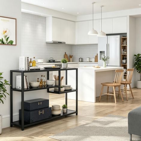 Console moderne avec étagères ouvertes, buffet à plusieurs niveaux, table de rangement à structure ouverte, petit meuble TV (uniquement avec la console) (1/5)