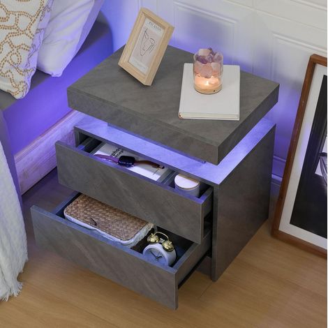 Comodino moderno in legno ingegnerizzato grigio scuro con LED multicolore, 2 cassetti e vano aperto