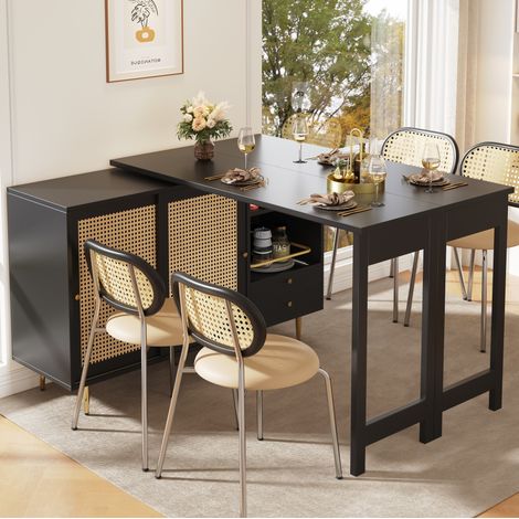 Anrichte MDF Schwarz 107 x 40 x 71,4 cm, 360° drehbar und erweiterbar, mit Rattantüren, Schublade und offenen Fächern (1/5)