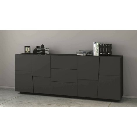 Dmora - Aparador Yoel, Buffet de salón, Aparador de salón con 4 puertas y 3 cajones, 220x44h86 cm, Antracita (1/5)