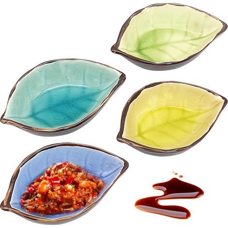 petits bols à sauce en céramique en forme de feuille, 7 x 10 cm, 4 couleurs, mini bols à apéritif, bols à sauce soja, sauces, épices (1/5)
