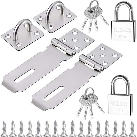 Loquet Porte avec Cadenas Clé,Agrafe Cadenas en Acier Inox,Cadenas Livré avec 8 Clés,4 Pièces Moraillon Cadenas à Angle Droit pour Verrouillage de Porte (1/5)