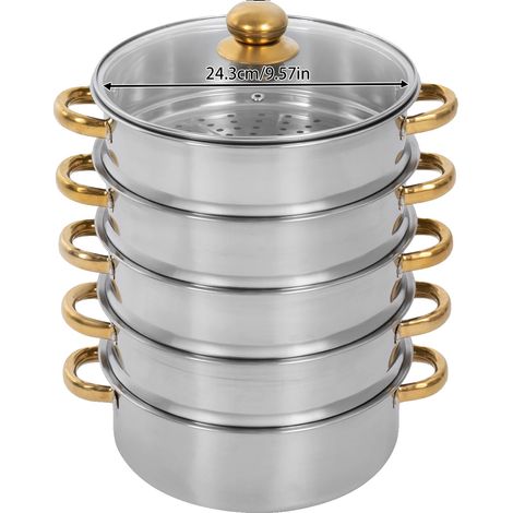 Juego de ollas vaporeras de 5 niveles, acero inoxidable duradero, 26 cm (1/2)