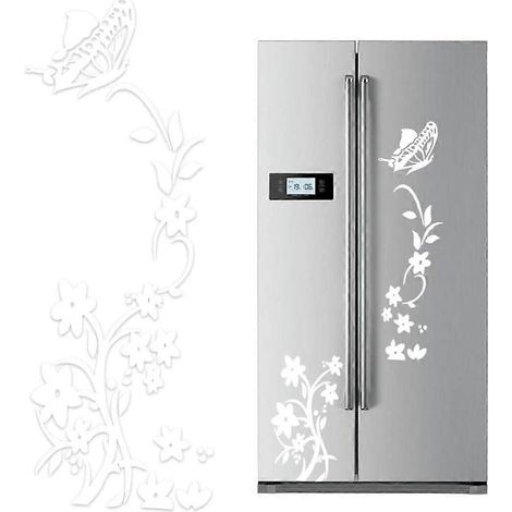 Lot de 2 stickers muraux papillons et fleurs blanches pour réfrigérateur, en PVC, amovibles, pour placards et cuisine. Décoration murale pour la maison et la cuisine. (1/4)