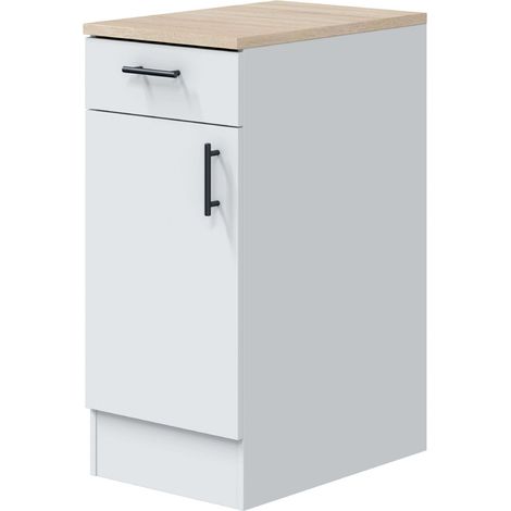 Módulo Inferior Cocina Estrecho Moderno Kira 1 Puerta 1 Cajón Blanco Brillo y Roble Canadian 40x90x60 cm