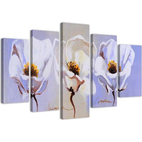 Quadri Quadro 5 pezzi Stampa su tela Fiori Bianco Natura - 200x100 (1/5)