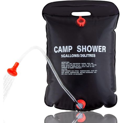 Douche de camping 20 L, 18 litres, sac de douche de voyage chauffant solaire portable avec tuyau amovible à 45 °C, pommeau de douche commutable marche/arrêt pour la plage, la natation, les (1/5)