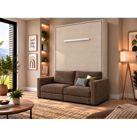 Lit escamotable vertical KIMBER avec canapé tissu intégré – Le salon le jour, un vrai lit la nuit Vison Marron-160x200-Cadre Vison-Façade Vison-Canapé Marron (1/5)