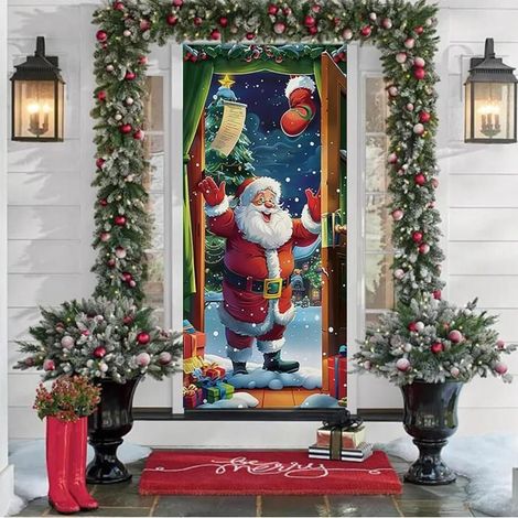 Décoration de Noël Couverture de Porte de Père Noël Bannière de Porte de Noël de Père Noël Décoration de Fête d'hiver,90x180 cm (1/4)