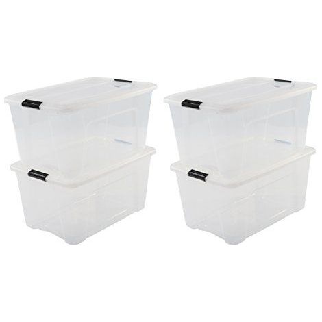 Iris Ohyama, Lot de 4 boîtes de rangement, 45 L, avec clips, empilable, salon, chambre, garage - New Top Box NTB-45 - Transparent
