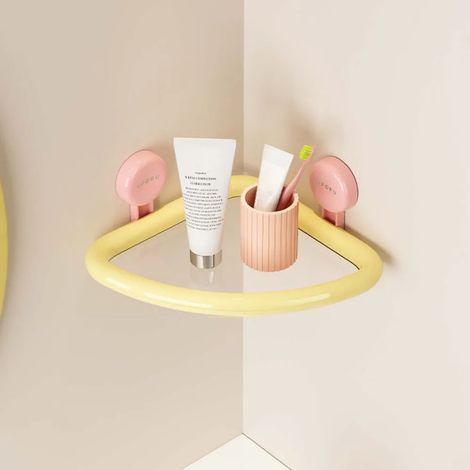 Étagère triangulaire à ventouses en plastique jaune, organisatrice de douche murale couleur dopamine, avec système de drainage et sans perçage. Étagère de rangement d'angle. (1/5)