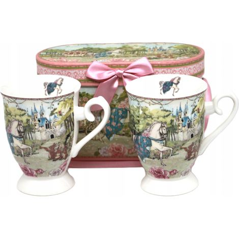Tazas de porcelana con un motivo de cuento de hadas de caballo y castillo, perfectas como regalo. (1/5)