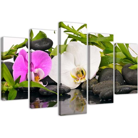 Quadri Quadro 5 pezzi Stampa su tela Pietre di bamb๠orchidea - 100x70 (1/5)