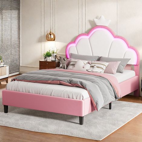Lit  adulte 140 x 190 cm–Lit princesse 140 x 190 cm–Lit de fille en velours–Motif couronne–Tête de lit avec LED réglables–Blanc + rose