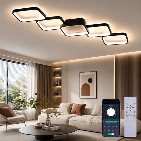 Plafonnier LED avec Telecommande APP, Dimmable Chambre Eclairage, 54W Noir  Moderne Lampe de Plafond 116cm 3000K-6000K avec Fonction Memoire, Veilleuse,Minuterie,Luminaire Interieur, Lampe Lustre Salo (1/5)