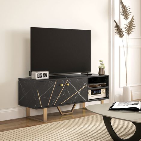 Mobile porta TV con 2 ante, ripiano regolabile ed effetto marmo, per soggiorno, adatto a televisori fino a 50 pollici, colore nero. (1/5)