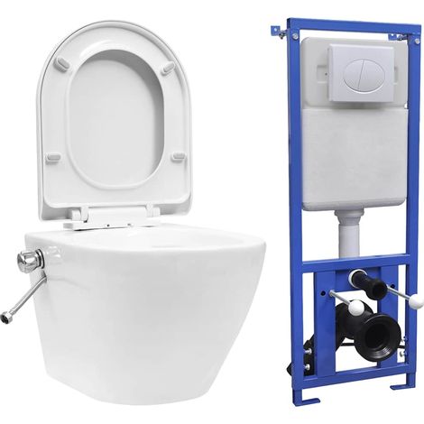 vidaXL Toilette murale sans rebord et réservoir caché Céramique Blanc (1/5)