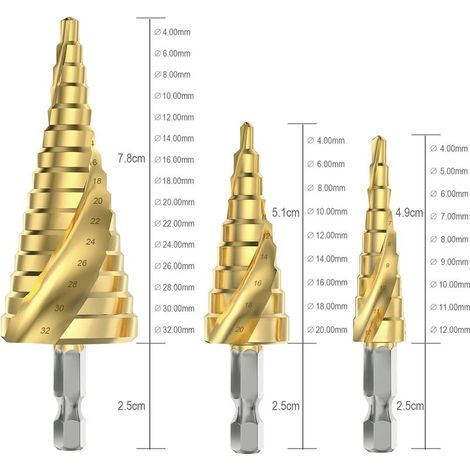 3-teiliges Set Spiral-Stufenbohrer, 4-12/20/32 mm Fräser, HSS-Stufenbohrer mit Titanbeschichtung zum Bohren in Stahl, Messing und Holz (1/5)