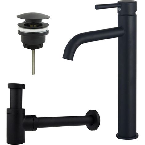 FugaFlow Eccelente Sobrado Kit mitigeur lavabo - robinet rehaussé - bonde clic clac - siphon design bas - Noir mat (1/4)