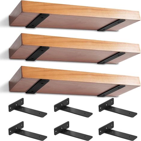 6 Pièces - Equerre étagère murale - Support métal - Fixation invisible pour étagères flottantes - Usage intérieur et extérieur - Noir - 25x5 cm (1/5)
