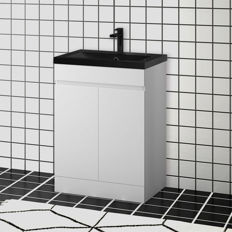 60 cm Badmöbel Set Unterschrank soft close Standschrank Selbstmontierter mit Schwarz Mineralguss waschtisch Unterschrank mit Weiß (1/5)