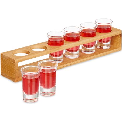 Relaxdays Schnapsbrett, mit 6 Schnapsgläsern, 4 cl, Schnapslatte aus Bambus, Geschenkidee, Schnapsglashalter, natur