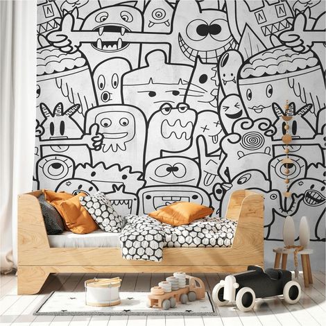 Photo wallpaper Profhome 398261 hot embossed non-woven wallpaper smooth with pattern for kids matt black white 1.59 m x 2.8 m (1/4)