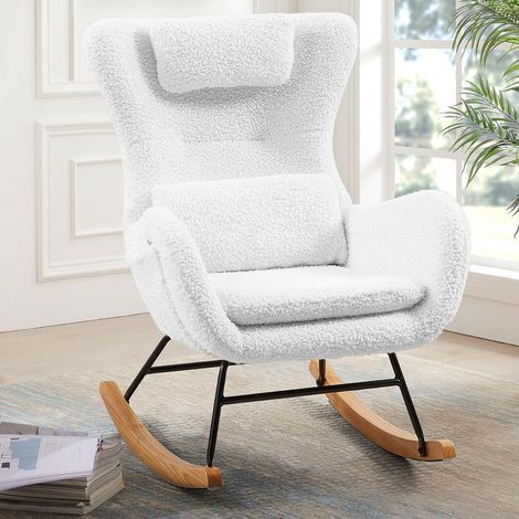 REDOM Poltrona a dondolo relax con supporto per testa, cuscino lombare e tasche laterali in peluche Teddy, capacità di carico fino a 160 kg, bianco