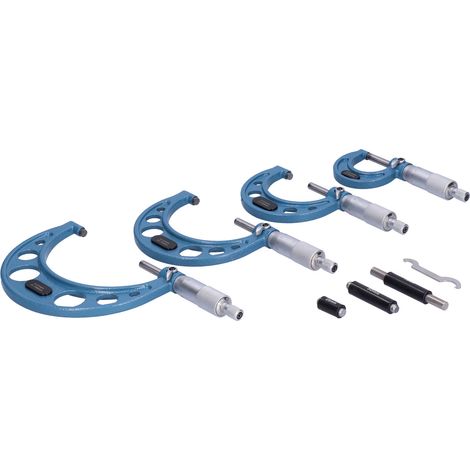 Micromètre extérieur métrique 4 pièces, bleu, 25/50/75/100 mm, précision 0,01 mm. Lot de quatre comparateurs à vis, livré avec coton perlé.