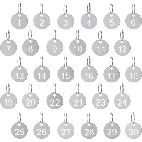 Lot de 30 plaques d'immatriculation rondes en acier inoxydable numérotées de 1 à 30 avec porte-clés, pour casiers, hôtels, bagages, diamètre : 23 mm (1/5)