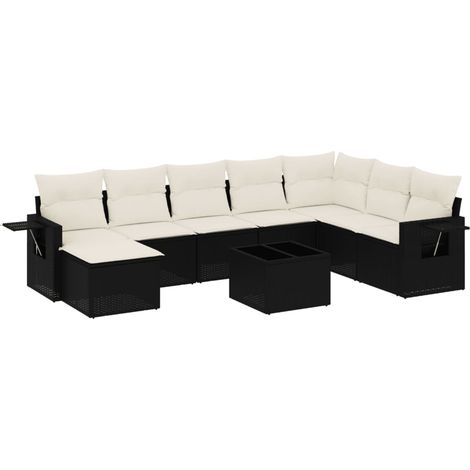Salon de jardin 9 pcs avec coussins noir résine tressée (1/5)
