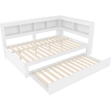Letto banquette 140 x 200 cm bianco con letto estraibile, presa e 2 USB, con rete, senza materasso (1/5)