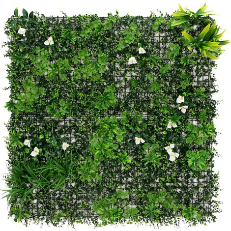 ECD Germany Pannello Piante Artificiali e Fiori 100x100 cm White Bloom, Siepe Verde Sintetica Frangivista Parete Vegetale Decorativa Impermeabile Resistente ai Raggi UV per Soggiorno e Giardino
