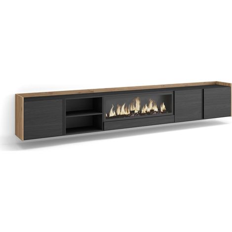 Skraut Home - Meuble TV, Banc Télé, Grand espace de Rangement, 315x35x50cm, Pour les TV jusqu'à 80", Cheminée électrique XXL, Suspendu, Mural, Style moderne, Noir et chêne (1/5)