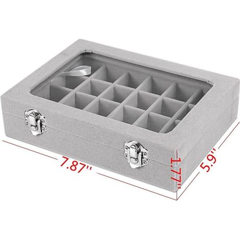 Présentoir à bijoux en verre velours à 24 grilles, boîte de rangement pour bagues, boucles d'oreilles, support de rangement (gris) (1/3)