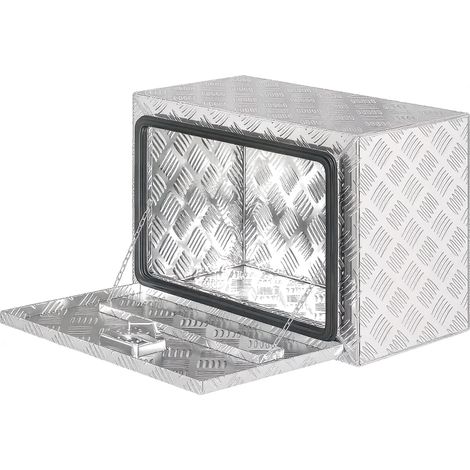 Coffre de rangement aluminium 76L pour camion, boîte à outils sécurisée avec cadenas et clés, rangement robuste pour véhicule utilitaire.